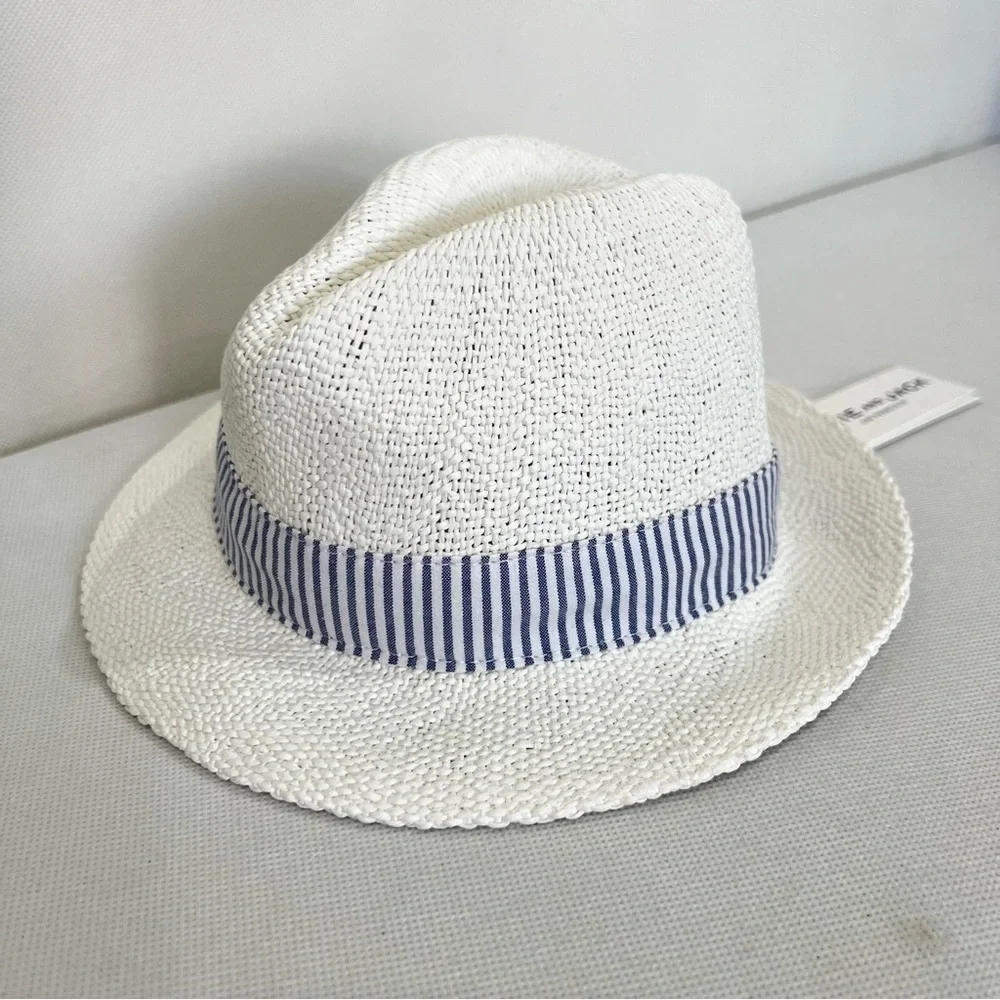 Janie And Jack Fedora Straw Hat Blue Striped Around Detail Kids Size 6-12 Months
